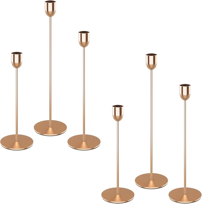 ChefBee 6PCS Gold Tall Candle Candlestick Holder, Taper Pillar Candle Sticks Stand Holders Decor, Centerpiece Dining Table Wedding Festive Fireplace Mantle Vintage Room Decorations, Housewarming Gift
