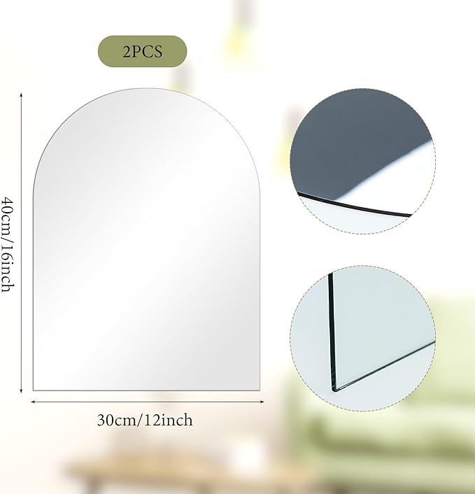 Arched Mirror for Bathroom, 16" x 12" x 2PCS Arched Bathroom Mirror Frameless Self Adhesive Glass Wall Mirrors with Polished Edge for Firplace,Hallway,Restroom,Salon Decor