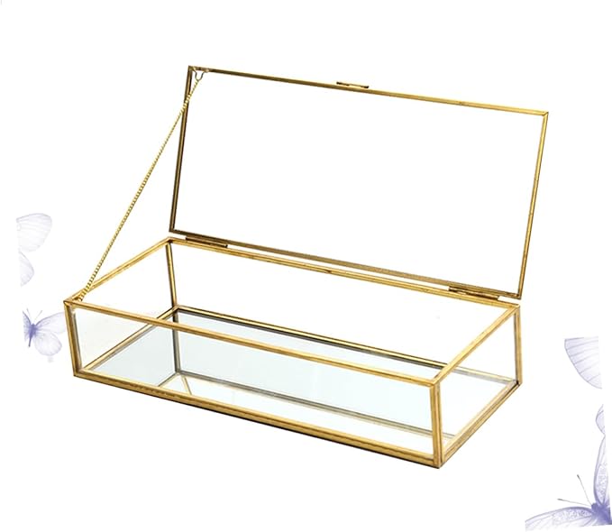 Ipetboom Golden Trim Geometric Glass Jewelry Box for Wedding Storage Desktop Display Case for Rings Earrings Necklaces Elegant Makeup Organizer Container