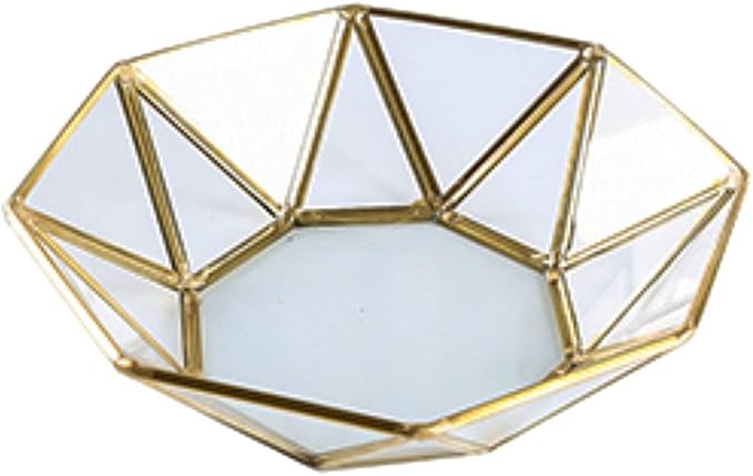 Octagonal Disc Vintage Gold Mirror Glass Vanity Tray,Ornate Geometric and Brass Plated Display Storage Organizer for Makeup Brushes/Lipstick/Skincare/Perfumes/Beauty Room/Bathroom Accessories