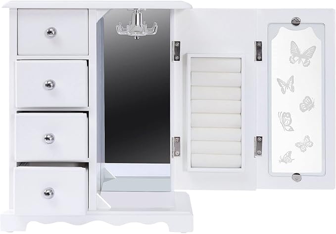 AngelcityCC White Jewelry Box Wooden Makeup and Accessories Organizer Ring Storage with 4 Drawers and Swing Door