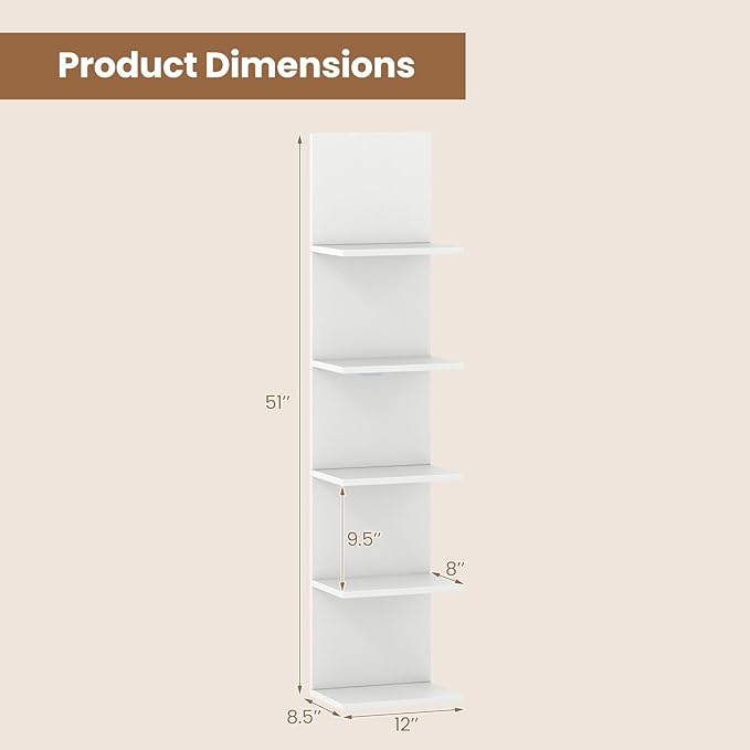 Giantex 5 Tier Wall Shelf Unit, Narrow Vertical Floating Shelves for Home Decoration and Storage Organizer, Lack Wall Shelf, Wall Mounted Display Shelves for Bedroom, Living Room, Bathroom, White