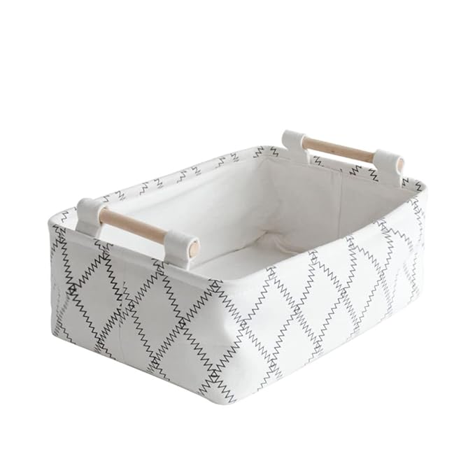 Decorative Collapsible Rectangular Fabric Storage Bin Organizer Basket with Wooden Handles for Clothes Storage,12.6x8.7x4.7 inch,White
