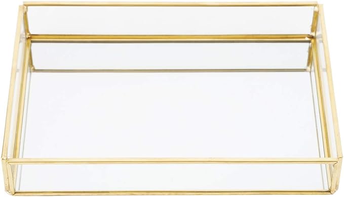Gold Perfume Tray, Rectangle Decorative Glass Mirror Vanity Tray Jewelry Photo Display Organizer for Trinket Cosmetics Makeup Bathroom Bedroom Home Table Decorative (S)