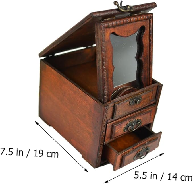 OUNONA Vintage Chinese Jewelry Box with Mirror Multi Functional Jewelry Storage Organizer for Makeup and Accessories Dustproof Wooden Case Ethnic Style Vanity Decor Gift