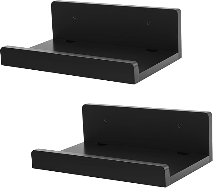 Floating Wall Shelves Set of 2, 12-Inch Solid Wood Shelves with Cable Holes, Small Display Shelf for Router, Webcam, Smart Speaker, Camera – Black