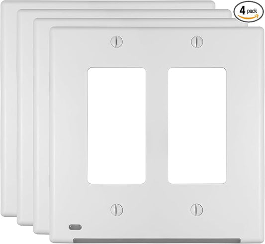 AMERELLE Universal LumiCover Outlet Cover Wallplate with Built-In Night Light, 2 Gang Double Décor, White - Easy DIY Installation, Convenient Low-Profile Design, for GFCI Outlets (Pack of 4)