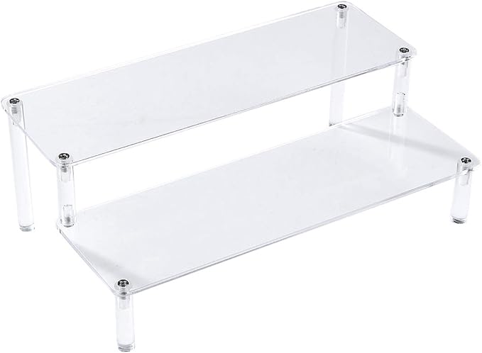 BYCY Acrylic Clear 2-Tier Riser Display Shelf for Figures, Desserts Holder, Collections Organizer and Cosmetic Items Shelf (12" x 6.9" x 4.25")