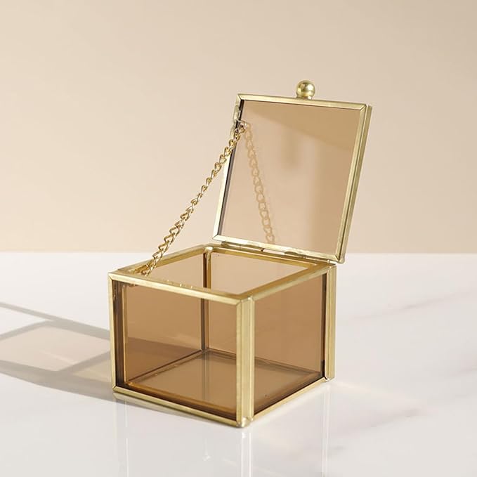 Toyvian Glass Jewelry Box Square Yellow with Lid Small Glass Jewelry Holder Decorative Cosmetic Organizer for Home Storage
