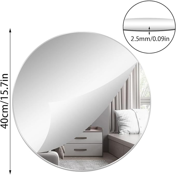 DARENYI 16'' Round Wall Mirror Sheet Self Adhesive, Non Glass, High Clear Acrylic Circle Mirror Decorative for Wall, Bathroom, Bedroom, Door, Deocr
