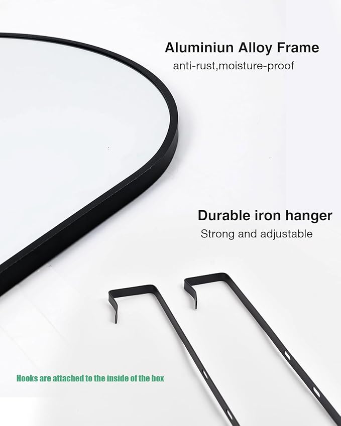 KOMCOTE Full Length Mirror 48x14 Inches - Over The Door Hanging Mirror for Bedroom, Living Room, Closet - Arch Floor Mirror, Door Mirror with Black Frame - No Drill Easy Install