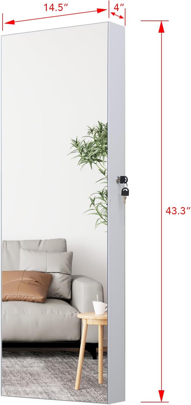 LED Jewelry Cabinet Armoire Organizer,Wall/Door Mount Jewelry Organizer and Storage with Full-Length Mirror Hanging Jewelry Organizer Full Length Mirror with Storage Large Capacity White