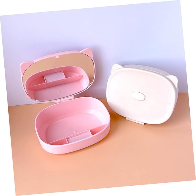 FOMIYES Cartoon Cat Ear Jewelry Storage Box with Mirror Cute DIY Dressing Case for Boys and Girls Portable Makeup Organizer for Necklaces Earrings and Rings