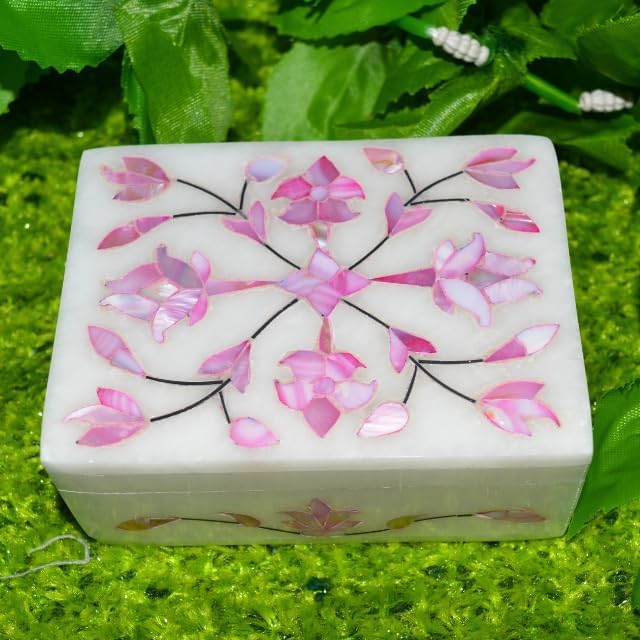 Marble Inlay Jewelry Box 4x3inch Floral Mother of Pearl Inlay Handmade Makeup Organizer Trinket Box - Alabaster Shiny Decorative Marble Ring Box Inlay Art Unique Art Great Birthday Gift, Women Gift