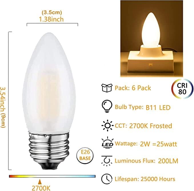 E26 Candelabra Light Bulbs Frosted Chandelier Light Bulbs 25watt Equivalent 2700K Warm White B11 Torpedo Tip Dimmable 2W LED Decorative Candle Light Bulbs (6)