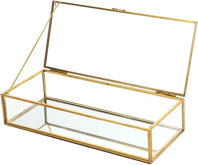 Uonlytech Vintage Geometric Glass Jewelry Storage Box with Golden Trim Desktop Organizer for Earrings Rings Necklaces Elegant Display Case for Wedding Favors and Makeup Storage