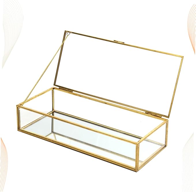 Ipetboom Golden Trim Geometric Glass Jewelry Box for Wedding Storage Desktop Display Case for Rings Earrings Necklaces Elegant Makeup Organizer Container