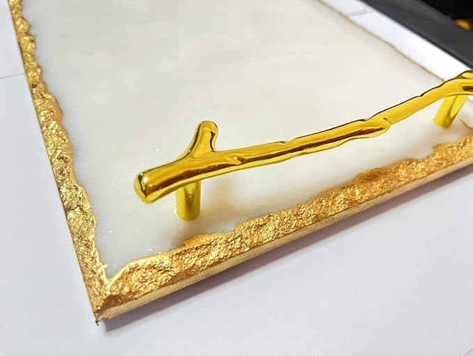 White and Gold Marble Tray (11.7X7.8X1.5 Inch, 4lbs) Luxury Display in Home and Kitchen for Table Handmade, Luxury Tray (White, Gold)