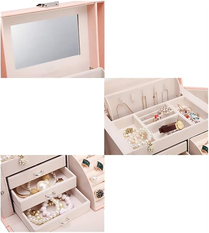 Jewellery Box Jewelry Case Jewelry Box Mirror 3 Drawers Jewelry Organizer Large Capacity Makeup Cosmetic Organizer Box Women Storage Ring Holder,