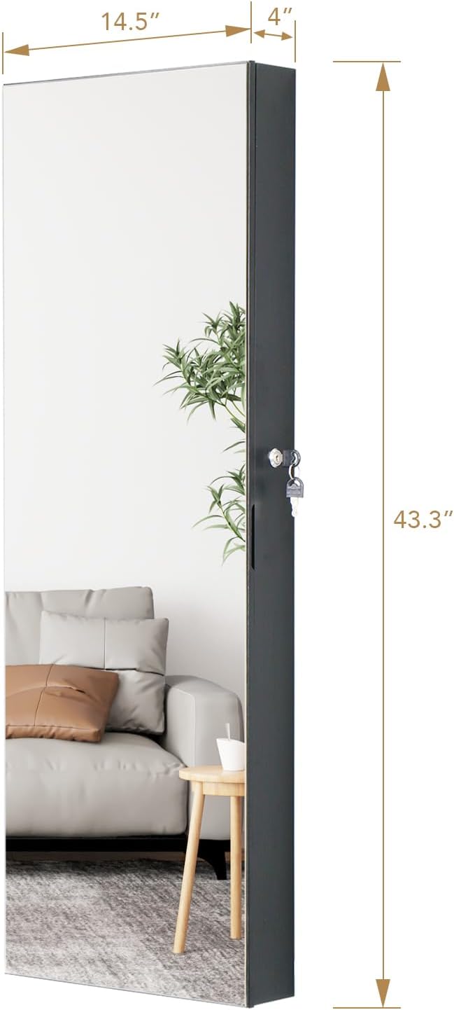LED Jewelry Cabinet Armoire Organizer,Wall/Door Mount Jewelry Organizer and Storage with Full-Length Mirror Hanging Jewelry Organizer Full Length Mirror with Storage Large Capacity Black