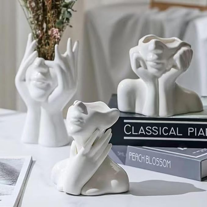 White Ceramic Vase Creative Human Body Art Design Multi Functional Office Desktop Organizer Pen Holder Makeup Brush Holder Home Decor Vase for Flowers Boho Ceramic Vases Stylish Decorative Accent (B)
