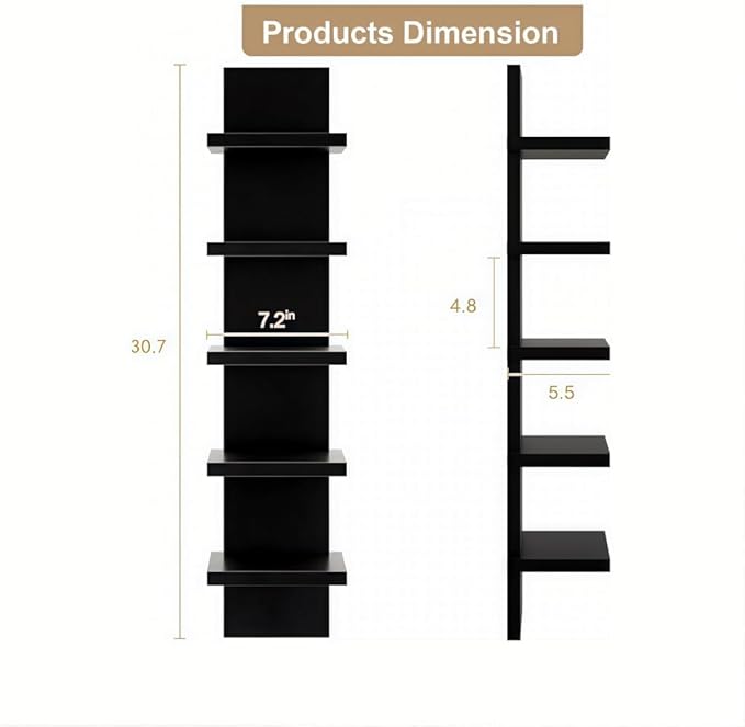 5 Tier White Wall Shelves - Vertical Column Floating Storage Organizer, Tall Tower Design Utility Shelving for Home Decor, Bedroom & Living Room, 30.7" x 31"(Black)