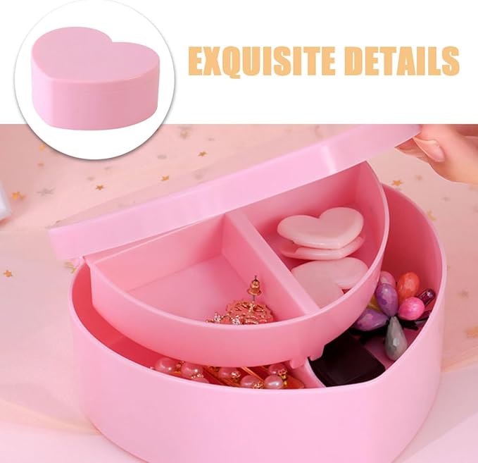 2pcs Heart Shaped Jewelry Box, Small Double Layer Trinket Organizer with Makeup Mirror, Earring and Ring Storage Case in Cherry Blossom Pink for Bedroom Use