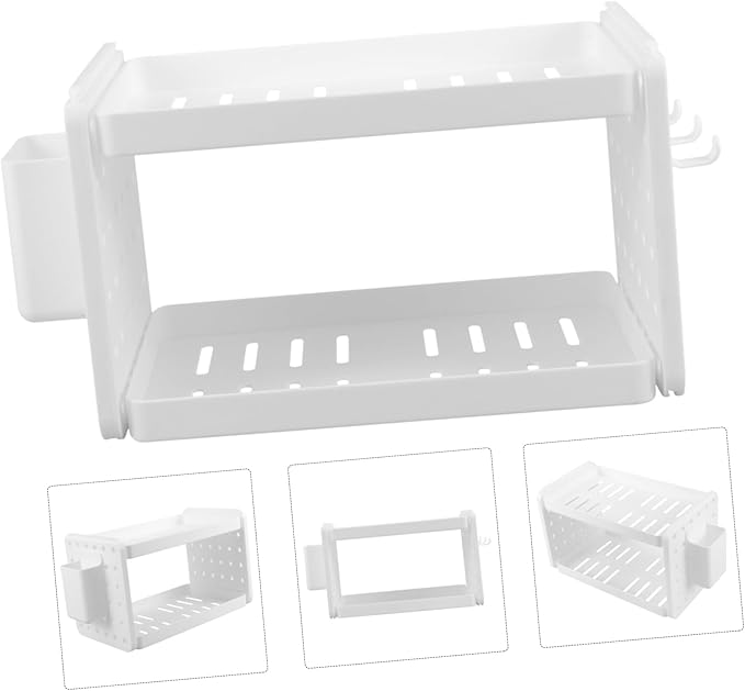 Amosfun Double Layer Makeup Organizer Compact Cosmetics Storage Rack for Bathroom Home with Bucket Hooks Design for Easy Access and Organization