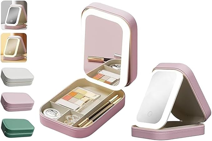 Portable LED Makeup Bag with Adjustable Light-Up Mirror - Three-Color Lighting | Dust-Proof Cosmetic Case with Multi-Compartment Storage and Jewelry Organizer (Pink)