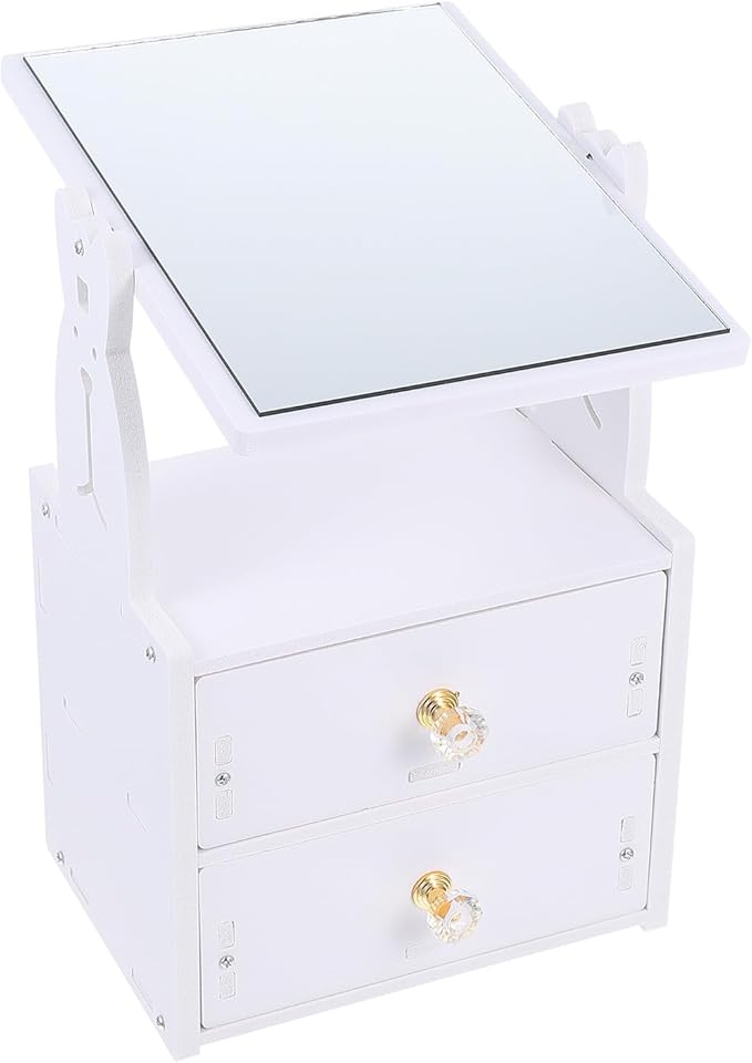 OSALADI Desktop PVC Makeup Mirror with Non-Skid Storage Box and Dual Drawers, Vanity Table Cosmetic Organizer for Bedroom and Travel Use