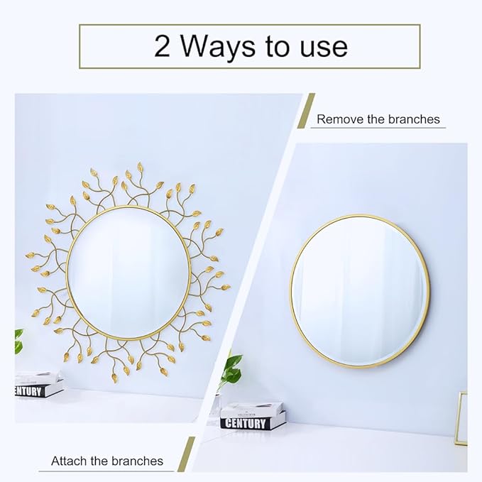 Chende 39" x 39" Gold Decorative Wall Mirror, Large Round Mirror with Metal Leaves, Gold Frame for Living Room, Entrance, Dining Room, Bedroom