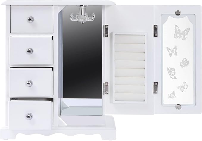 Solid Wooden Jewelry Box, 4-Drawers Makeup and Organizer Women Ring Storage with Built-in Necklace Carousel and Mirror, Solid Jewelry Organizer Wooden Jewelry Box for Women