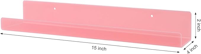 Dezzer 4 Pack Acrylic Shelves for Wall, 15" Acrylic Floating Shelves for Bathroom Bedroom, Invisible Bookshelf Wall Ledge Storage Shelf Books Perfume Toys Action Figure Display Shelves, Pink