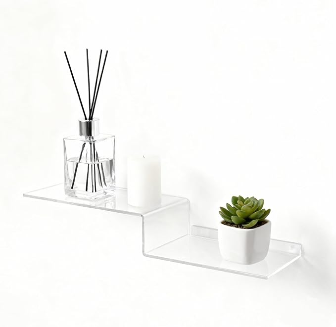 SetGame 2-Pack Acrylic Shelves Z-Shaped Display Stand Wall Mounted, 12 Inch Wall Storage Organizer for Toys, Books, Plants, Photos Album, Suit for Office, Living Room, Room Decor (Clear)