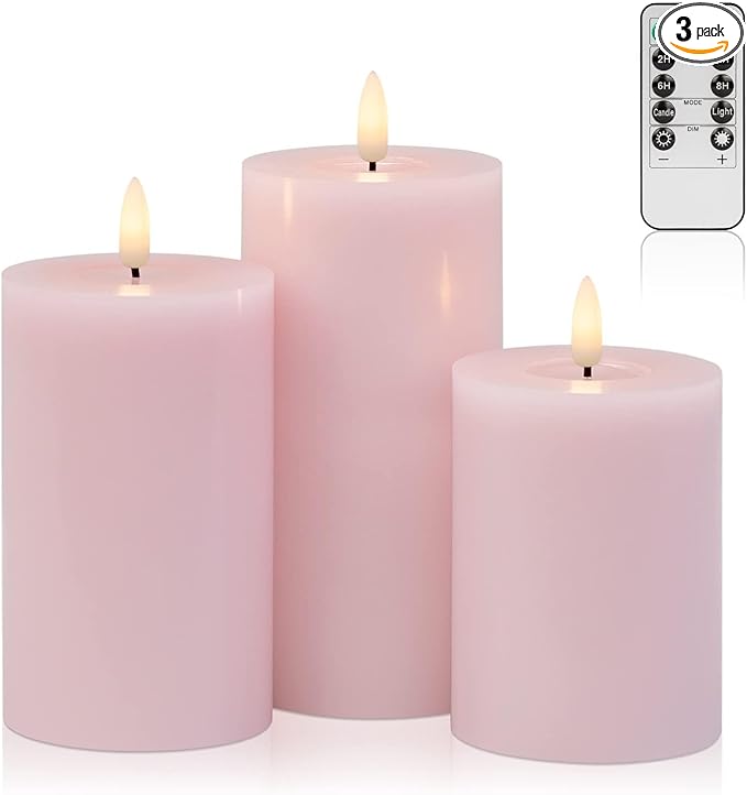 Pink Flameless Candles with Remote and Timer, Real Wax LED Pillar Candles for Living Room Decor, Battery Operated Fake Candles for Bedroom Bathroom Shelf Wedding Home Decor Valentines Day Decorations