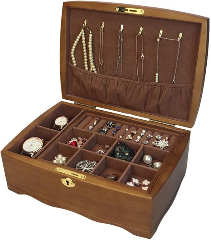 Makeup Organizers Wooden Jewelry Box Retro Double-Layer Jewelry Box Storage Box Ring Earrings Necklace Bracelet Watch Storage Box 11.81 Inches Jewelry Case