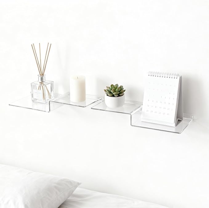SetGame 2-Pack Acrylic Shelves Z-Shaped Display Stand Wall Mounted, 12 Inch Wall Storage Organizer for Toys, Books, Plants, Photos Album, Suit for Office, Living Room, Room Decor (Clear)
