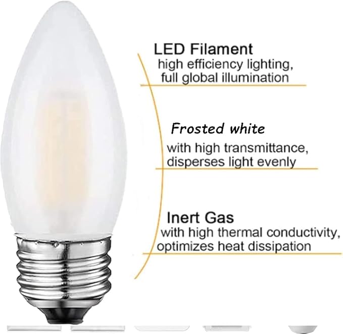 E26 Candelabra Light Bulbs Frosted Chandelier Light Bulbs 25watt Equivalent 2700K Warm White B11 Torpedo Tip Dimmable 2W LED Decorative Candle Light Bulbs (6)