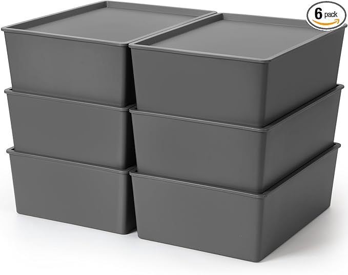 Menkxi 6 Pcs Plastic Storage Bins with Lids Stackable Storage Containers Durable Box Baskets for Organizing Shelves Playroom Classroom Office (Large,Grey)