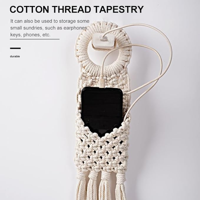 Cabilock Macrame Hanging Wall Organizer - Small Boho Woven Storage Pouch for Keys, Phone & Mail - Decorative Cotton Tassel Tapestry for Dorm Room, Bedside & Narrow Spaces