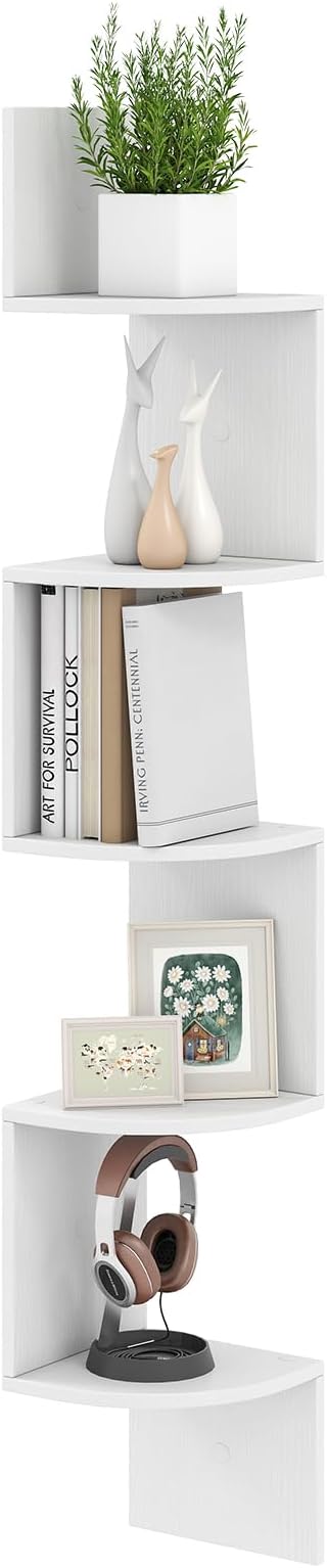 Giantex Corner Shelf Wall Mounted, 5-Tier Floating Corner Bookshelf, Home Storage Organizer, Wooden Display Stand Rack for Wall, Plant Shelf for Living Room, Bedroom, Kitchen (1,White)