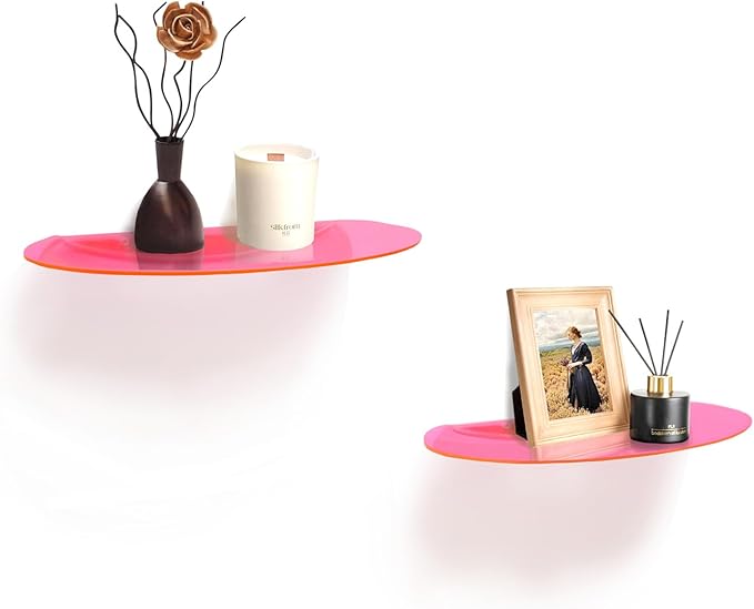 SetGame 2-Pack Acrylic Small Wall Shelves Wall Decor Wall Mounted, 12" Floating Wall Ledge Shelf, Acrylic Shelves for for Action Figures Display, Room Décor, Space Saving, Items Organizer,Pink