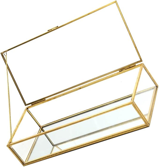 Gold Rim Glass Jewelry Box Desktop Makeup Organizer Geometric Design Ring Necklace Earring Storage Wedding