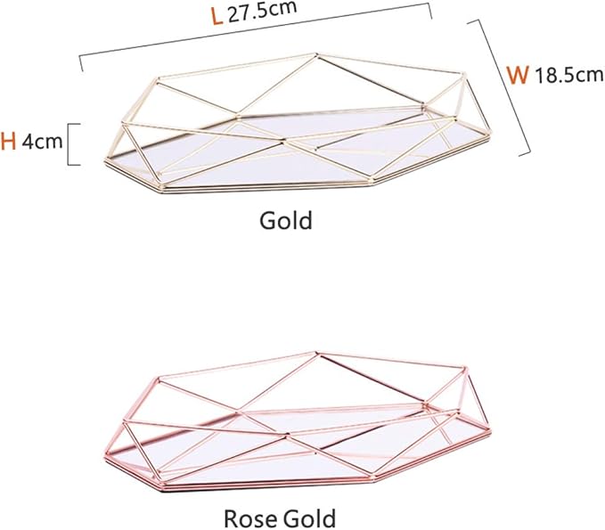 Decorative Tray Mirrored Metal Ornate Vanity Jewelry Cosmetic Table Organizer Storage Geometric Prisma Tray Desk Countertop Decor Gift Nordic Simple Style (Rose Gold)