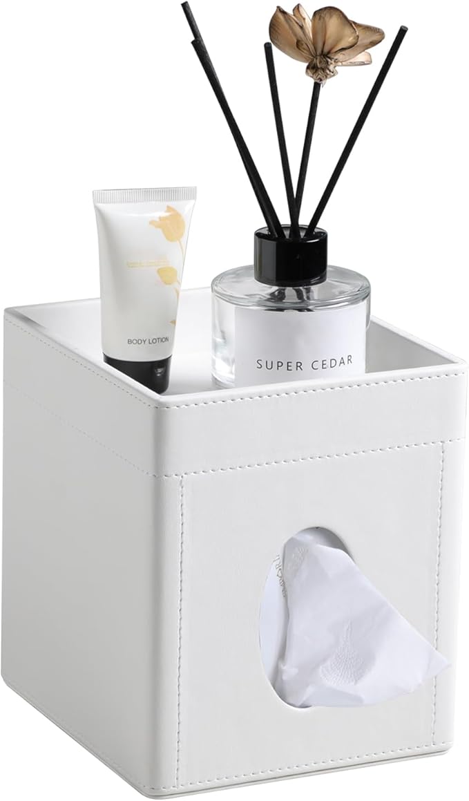 Tissue Box Cover, PU Leather Square Tissue Box Holder with Storage Tray for Bathroom Vanity Countertop Night Stands Bedroom Office Desk, Stylish Tissue Holder Decorative Organizer