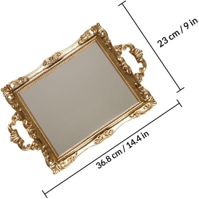 BESPORTBLE Vintage Carved Mirror Tray Nordic Style Retro Gold Resin Decorative Storage Plate for Makeup Perfume Vanity Table Organizer