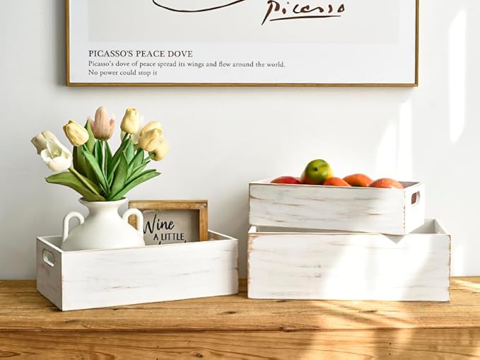 Set of 3 White Wooden Boxes for Storage Small Crates for Display and Organizing, Farmhouse Style Storage Boxes for Crafts, Decor, Home Pantry and Living Room