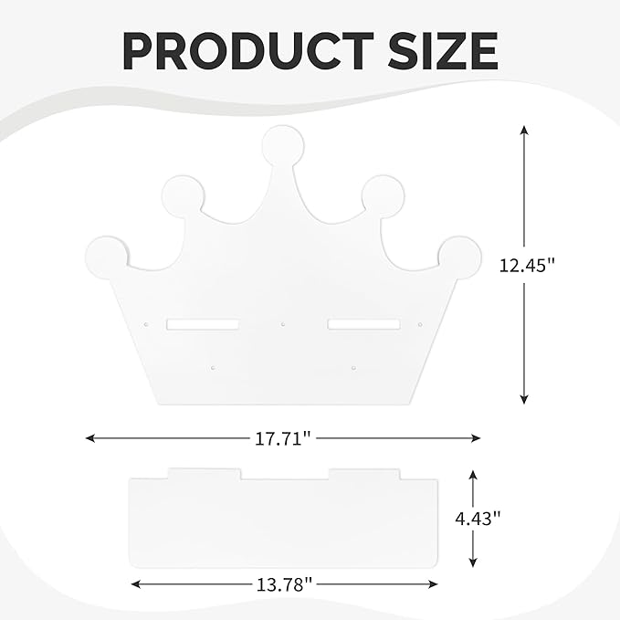 White Crown Floating Wall Shelf with Hooks, Princess Room Decor for Girls Bedroom, Nursery Organizer for Girls Room Storage