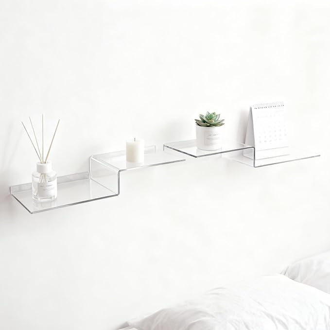 SetGame 2-Pack Acrylic Shelves Z-Shaped Display Stand Wall Mounted, 12 Inch Wall Storage Organizer for Toys, Books, Plants, Photos Album, Suit for Office, Living Room, Room Decor (Clear)