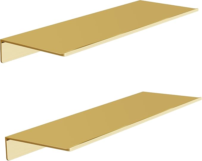 HNVNER Metal Floating Shelves, Set of 2, Brushed Gold Wall Shelves Picture Ledge, Shower Caddy Wall Mounted, Decorative Display Shelf for Bedroom, Living Room, Bathroom, Office